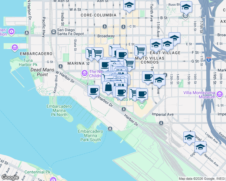 map of restaurants, bars, coffee shops, grocery stores, and more near 372 4th Avenue in San Diego