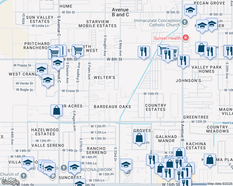 map of restaurants, bars, coffee shops, grocery stores, and more near 1000 South Tamarack Avenue in Yuma