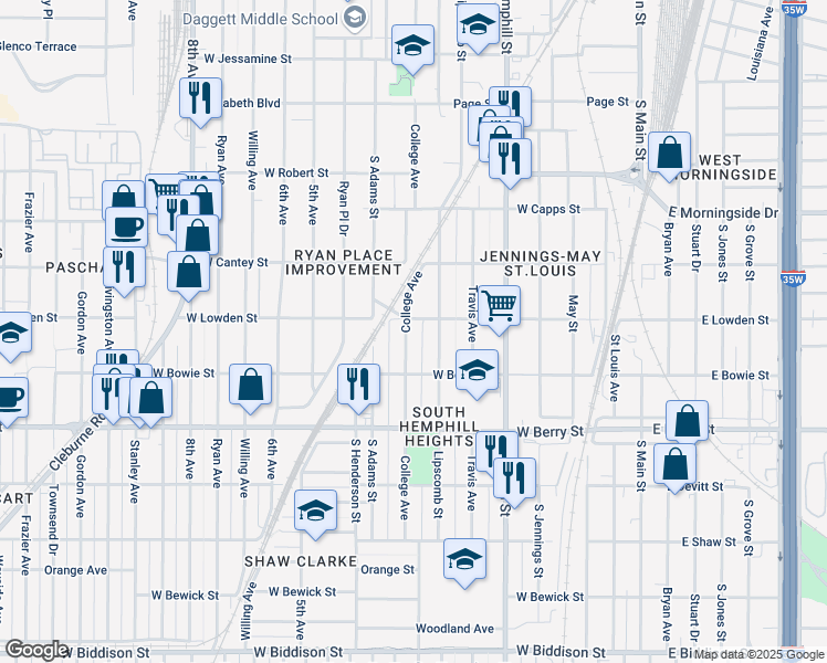map of restaurants, bars, coffee shops, grocery stores, and more near 2909 College Avenue in Fort Worth