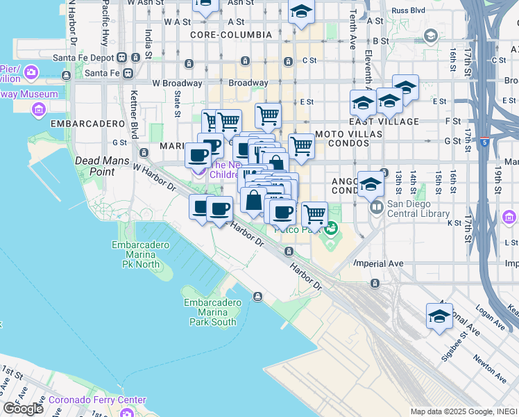 map of restaurants, bars, coffee shops, grocery stores, and more near 372 Fourth Avenue in San Diego