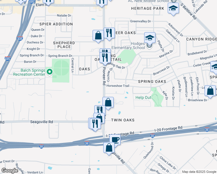 map of restaurants, bars, coffee shops, grocery stores, and more near 13008 Horseshoe Trail in Balch Springs