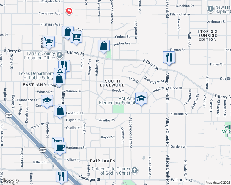 map of restaurants, bars, coffee shops, grocery stores, and more near 4608 Reed Street in Fort Worth