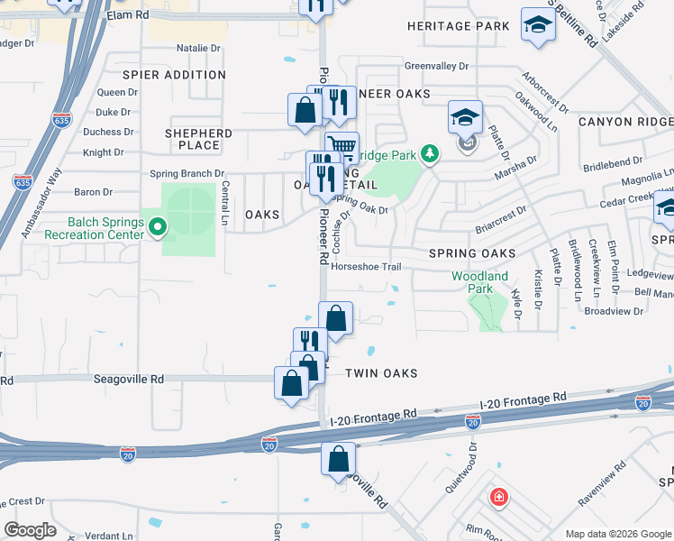 map of restaurants, bars, coffee shops, grocery stores, and more near 13008 Horseshoe Trail in Balch Springs