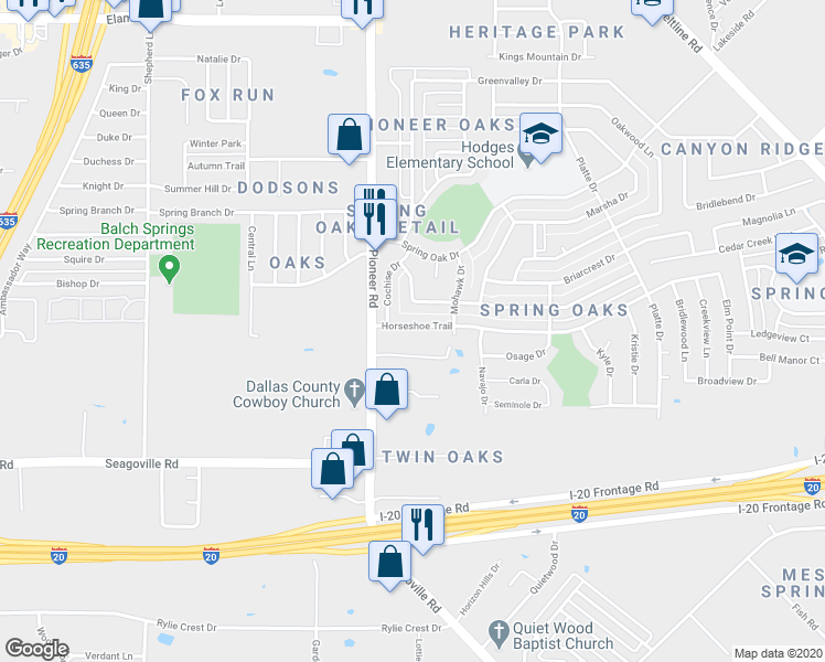 map of restaurants, bars, coffee shops, grocery stores, and more near 13028 Horseshoe Trail in Balch Springs