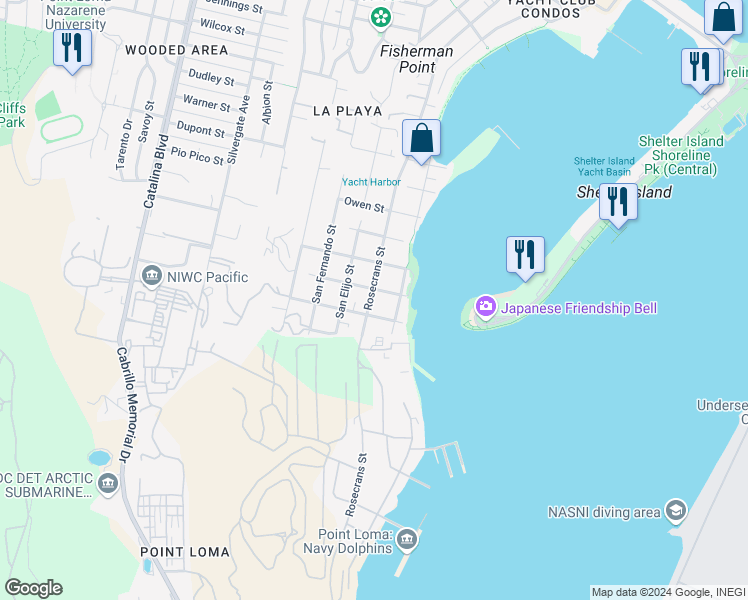 map of restaurants, bars, coffee shops, grocery stores, and more near Rosecrans Street in San Diego