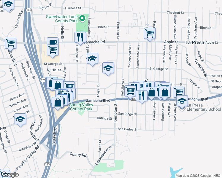 map of restaurants, bars, coffee shops, grocery stores, and more near 9135 Orville Street in Spring Valley