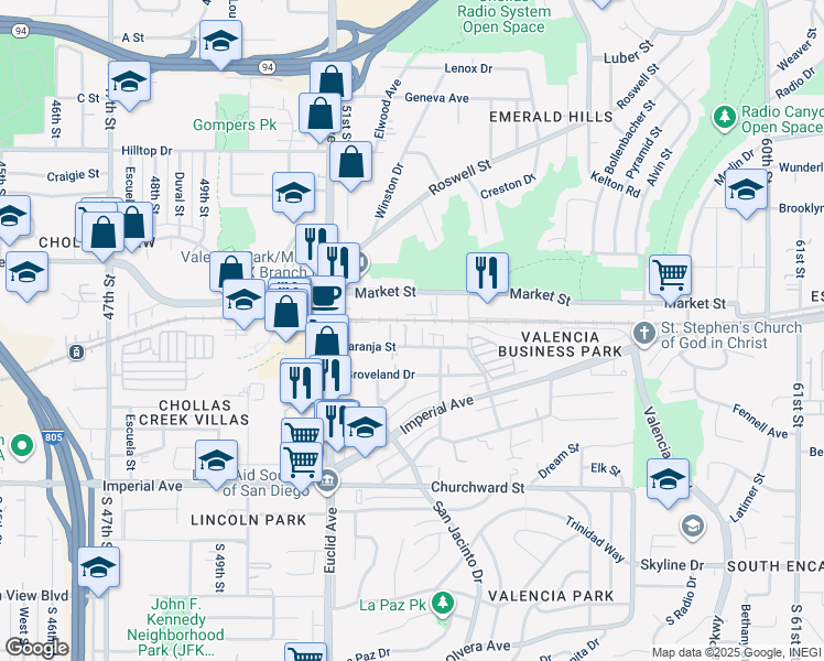 map of restaurants, bars, coffee shops, grocery stores, and more near 5256 Naranja Street in San Diego