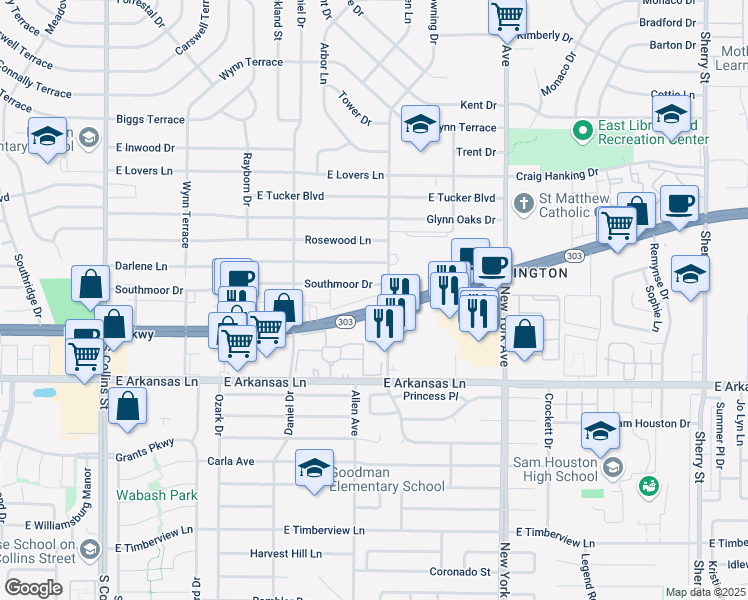 map of restaurants, bars, coffee shops, grocery stores, and more near 1616 Parkway Lane in Arlington
