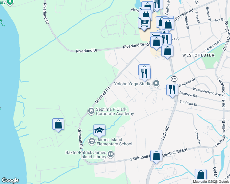 map of restaurants, bars, coffee shops, grocery stores, and more near 1877 Fortune Lane in Charleston