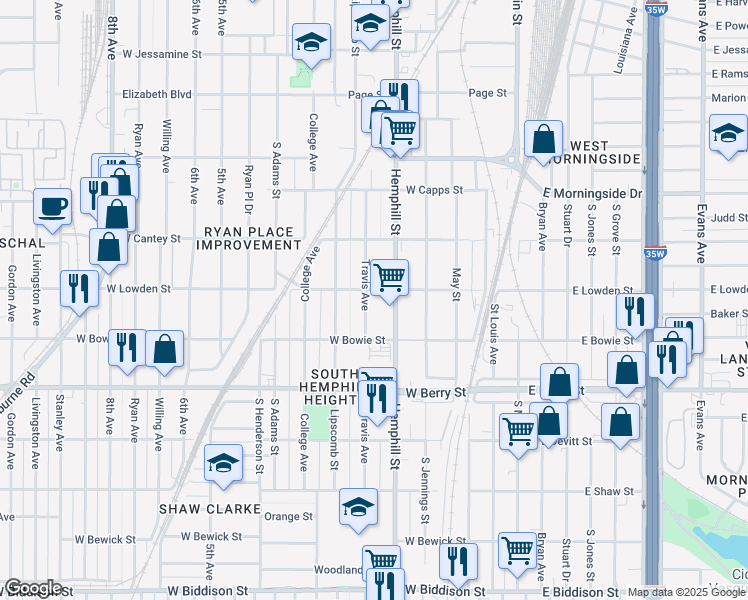 map of restaurants, bars, coffee shops, grocery stores, and more near 701 West Lowden Street in Fort Worth