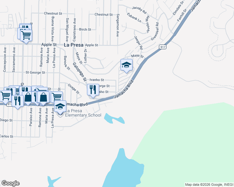 map of restaurants, bars, coffee shops, grocery stores, and more near 9855 Arapaho Street in Spring Valley
