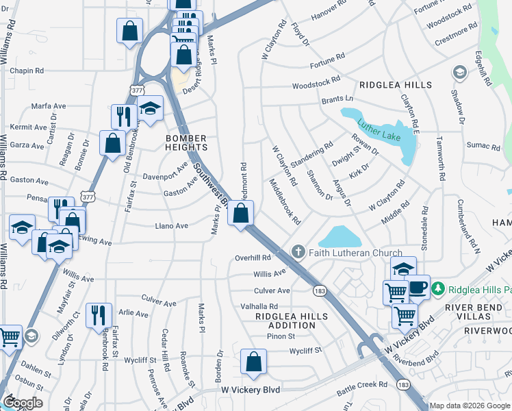 map of restaurants, bars, coffee shops, grocery stores, and more near 4124 Rothington Road in Fort Worth