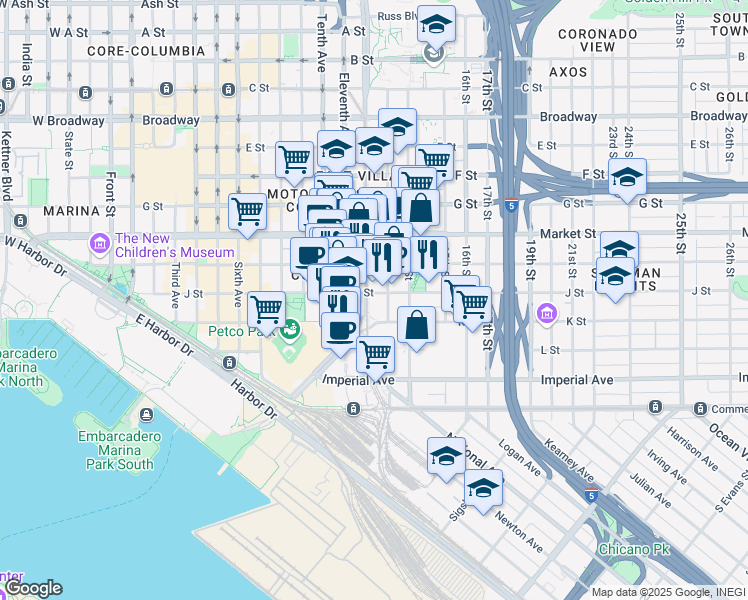 map of restaurants, bars, coffee shops, grocery stores, and more near 342-398 13th Street in San Diego