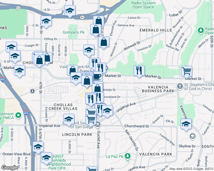 map of restaurants, bars, coffee shops, grocery stores, and more near 5150 Naranja Street in San Diego