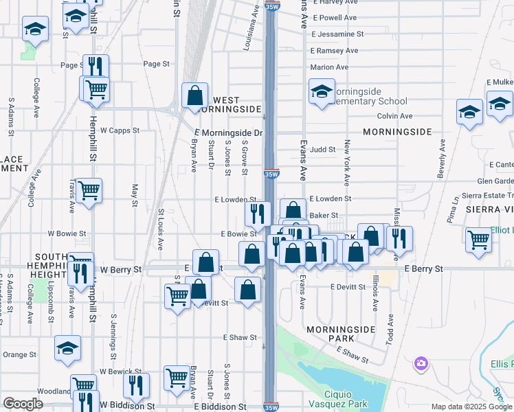 map of restaurants, bars, coffee shops, grocery stores, and more near 2900 South Freeway in Fort Worth