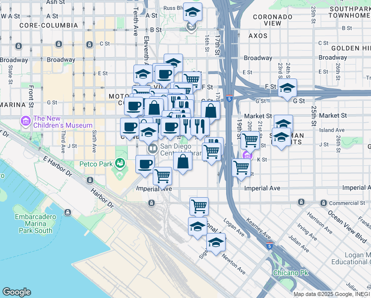 map of restaurants, bars, coffee shops, grocery stores, and more near 1431-33 J Street in San Diego