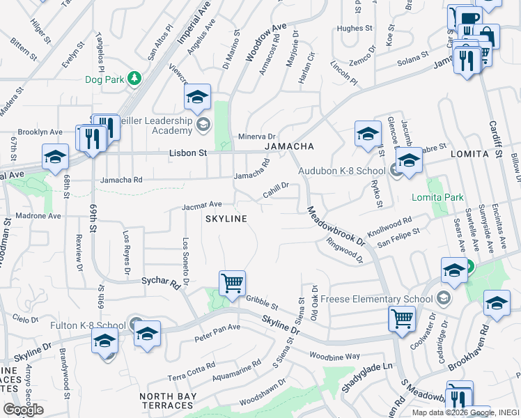 map of restaurants, bars, coffee shops, grocery stores, and more near 510 Cadman Street in San Diego
