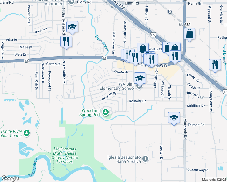 map of restaurants, bars, coffee shops, grocery stores, and more near 7505 Neuhoff Dr in Dallas