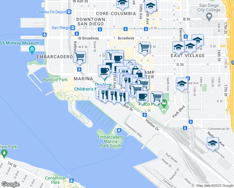 map of restaurants, bars, coffee shops, grocery stores, and more near 303 1st Avenue in San Diego