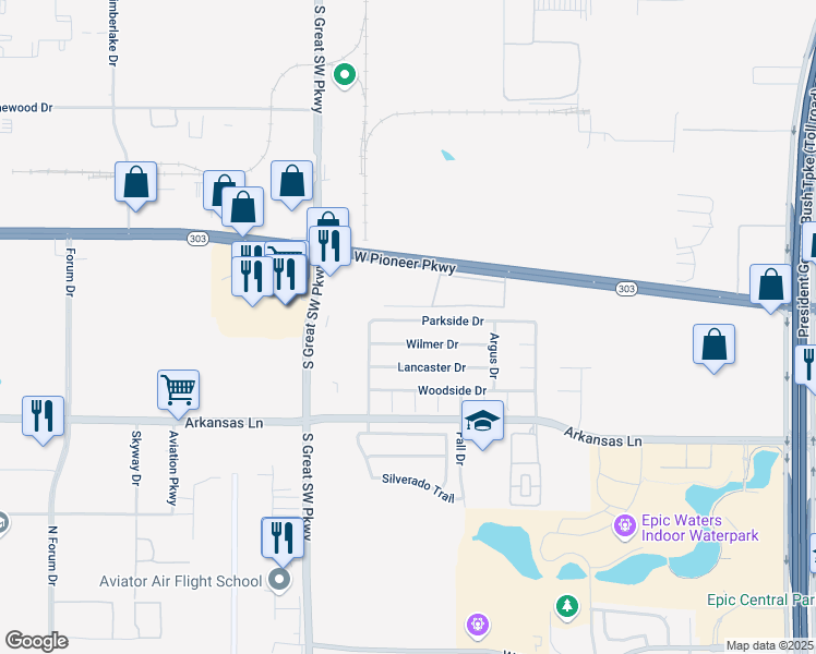 map of restaurants, bars, coffee shops, grocery stores, and more near 2406 Wilmer Drive in Grand Prairie