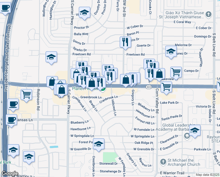 map of restaurants, bars, coffee shops, grocery stores, and more near 415 Texas 303 Spur in Grand Prairie