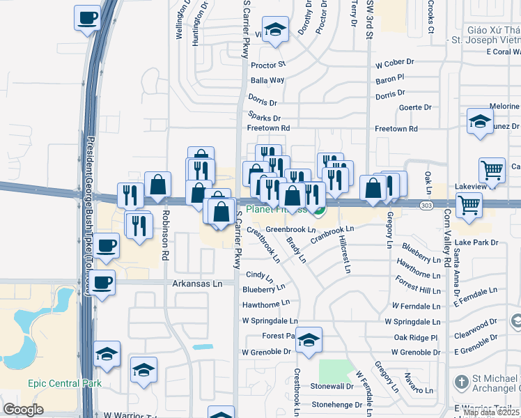 map of restaurants, bars, coffee shops, grocery stores, and more near 709 Texas 303 Spur in Grand Prairie