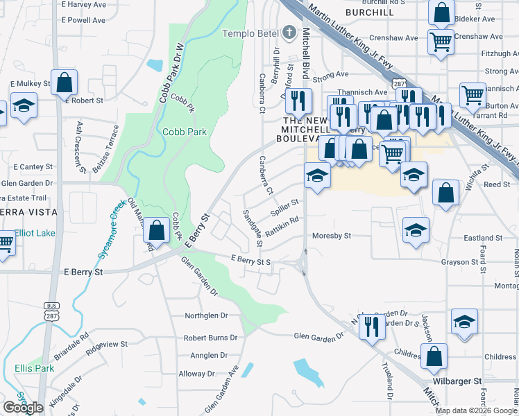map of restaurants, bars, coffee shops, grocery stores, and more near 2412 Lowriemore Lane in Fort Worth