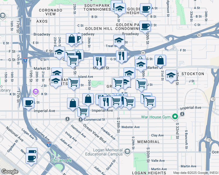 map of restaurants, bars, coffee shops, grocery stores, and more near 330 Langley Street in San Diego