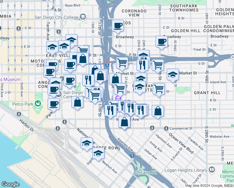 map of restaurants, bars, coffee shops, grocery stores, and more near 331 20th Street in San Diego