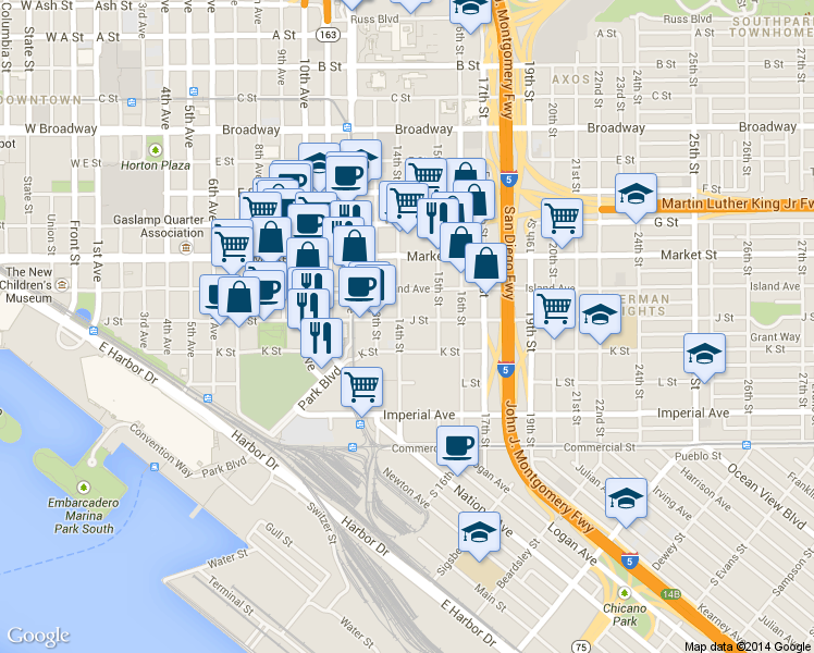 map of restaurants, bars, coffee shops, grocery stores, and more near 1431 J Street in San Diego