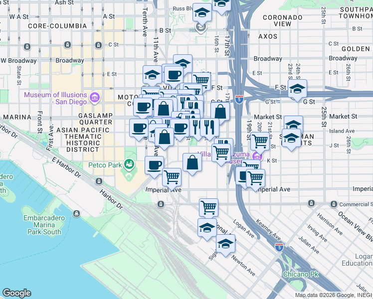 map of restaurants, bars, coffee shops, grocery stores, and more near 1431-33 J Street in San Diego