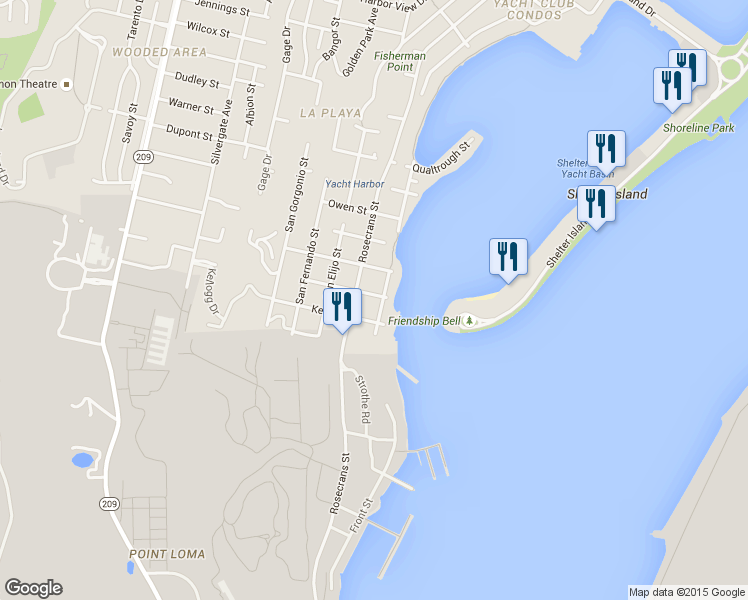 map of restaurants, bars, coffee shops, grocery stores, and more near 365 Rosecrans Street in San Diego