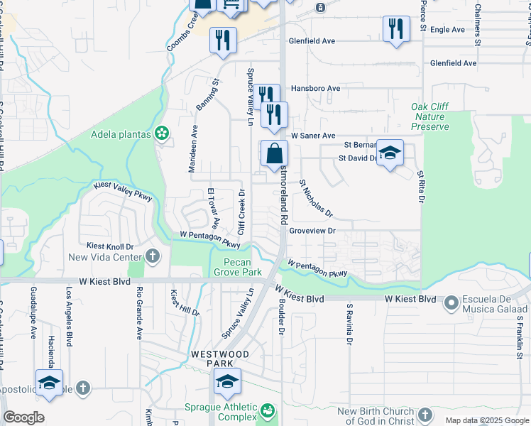 map of restaurants, bars, coffee shops, grocery stores, and more near 3062 Spruce Valley Lane in Dallas