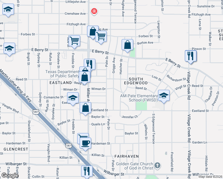 map of restaurants, bars, coffee shops, grocery stores, and more near 3705 Pate Drive in Fort Worth