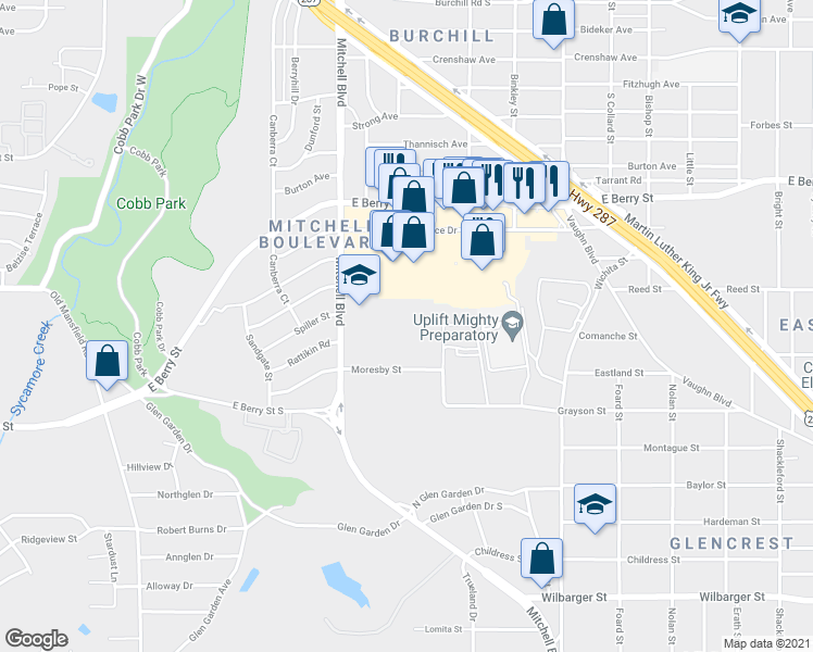 map of restaurants, bars, coffee shops, grocery stores, and more near 2801 Moresby Street in Fort Worth