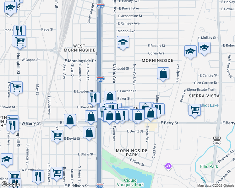 map of restaurants, bars, coffee shops, grocery stores, and more near 825 Baker Street in Fort Worth