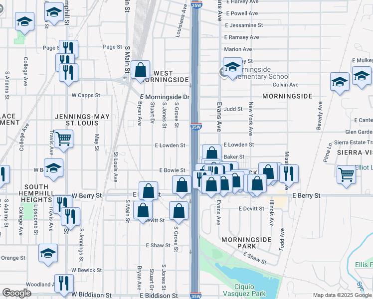 map of restaurants, bars, coffee shops, grocery stores, and more near 2900 South Freeway in Fort Worth