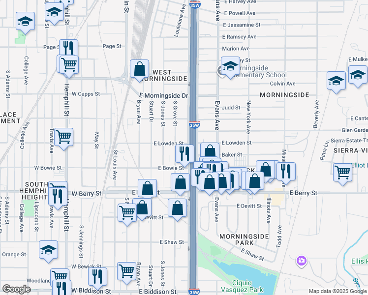 map of restaurants, bars, coffee shops, grocery stores, and more near 2900 South Freeway in Fort Worth