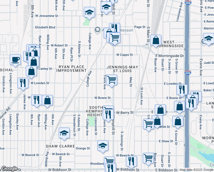 map of restaurants, bars, coffee shops, grocery stores, and more near 701 West Lowden Street in Fort Worth