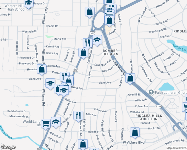map of restaurants, bars, coffee shops, grocery stores, and more near 7436 Pensacola Avenue in Fort Worth