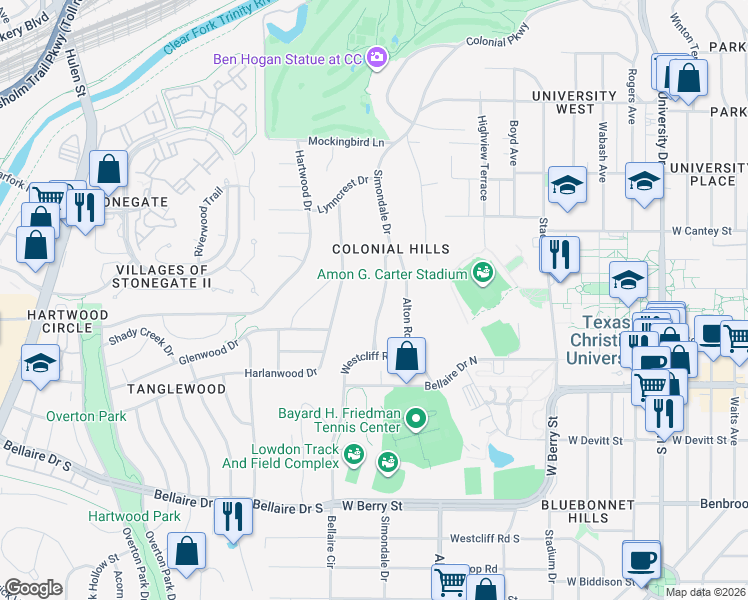 map of restaurants, bars, coffee shops, grocery stores, and more near 2908 Simondale Drive in Fort Worth