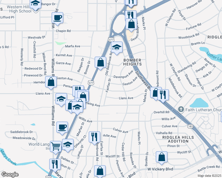 map of restaurants, bars, coffee shops, grocery stores, and more near 7436 Pensacola Avenue in Fort Worth