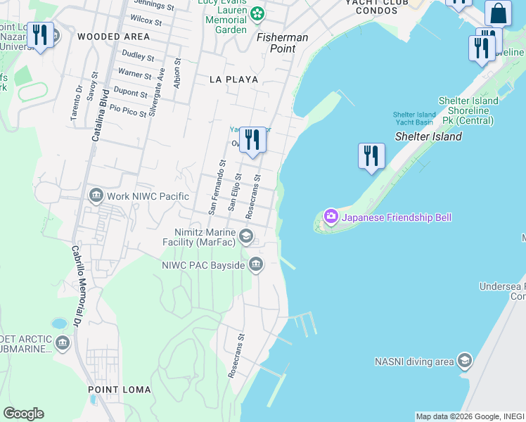 map of restaurants, bars, coffee shops, grocery stores, and more near 365 Rosecrans Street in San Diego