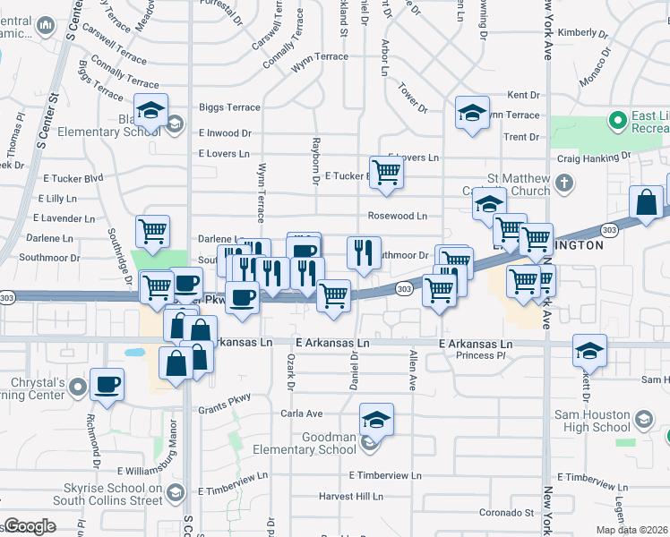 map of restaurants, bars, coffee shops, grocery stores, and more near 1309 Parkway Court in Arlington