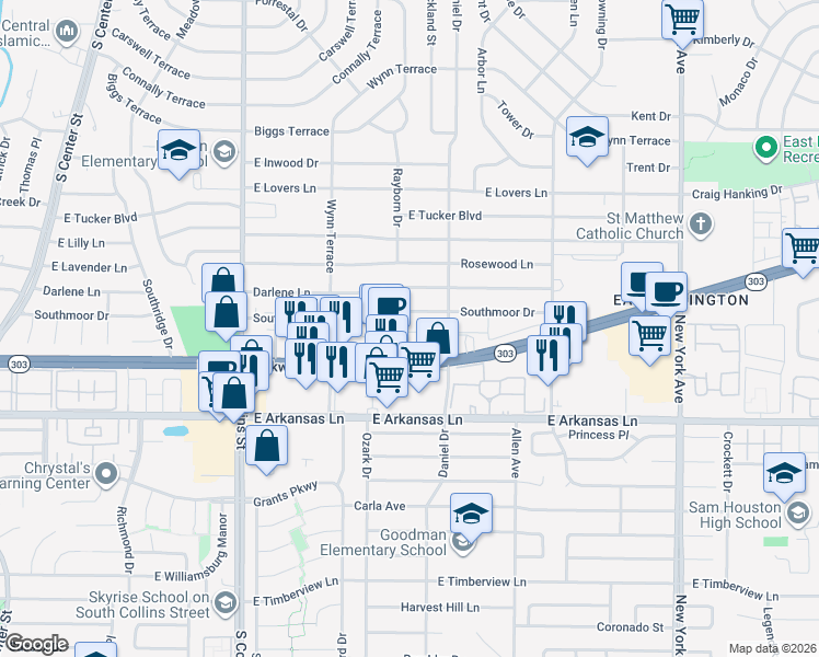 map of restaurants, bars, coffee shops, grocery stores, and more near 1309 Parkway Court in Arlington