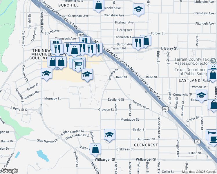 map of restaurants, bars, coffee shops, grocery stores, and more near 3613 Wichita Street in Fort Worth