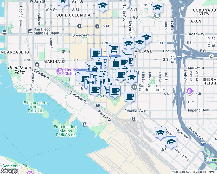 map of restaurants, bars, coffee shops, grocery stores, and more near 715 J Street in San Diego