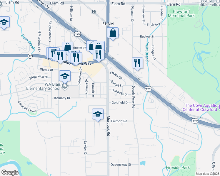 map of restaurants, bars, coffee shops, grocery stores, and more near 8105 Burroaks Drive in Dallas