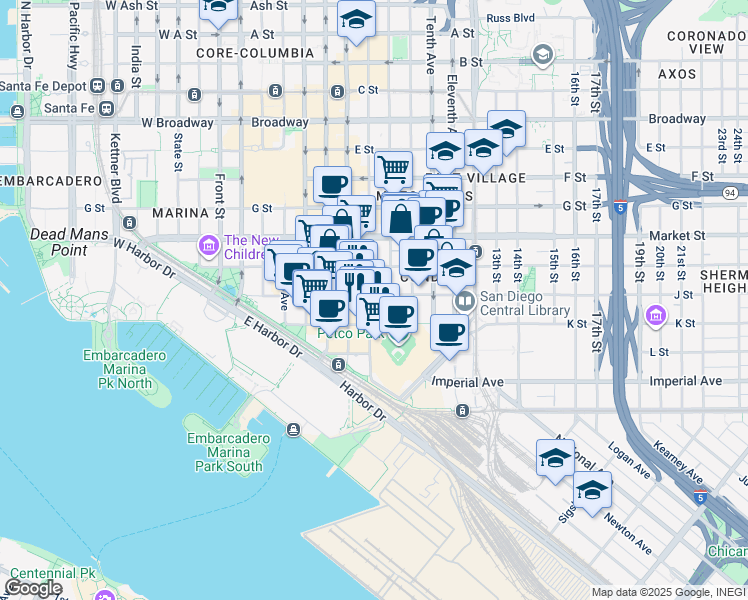 map of restaurants, bars, coffee shops, grocery stores, and more near 787 J Street in San Diego