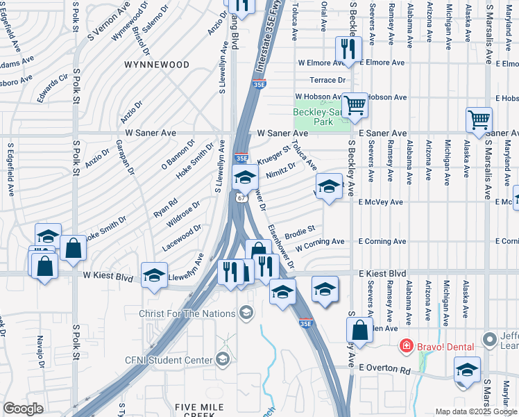 map of restaurants, bars, coffee shops, grocery stores, and more near 2943 Eisenhower Drive in Dallas